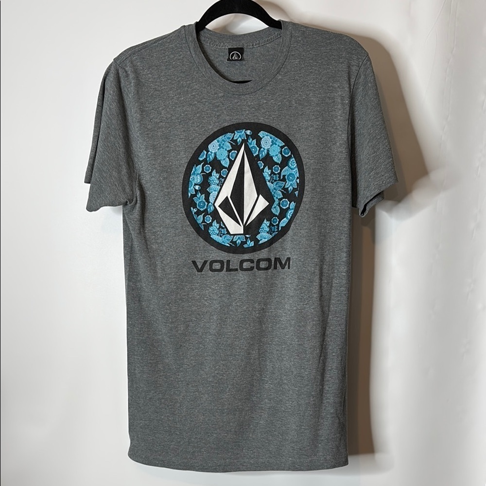 Volcom Gray and Blue Short Sleeve Tee with Geometric Logo